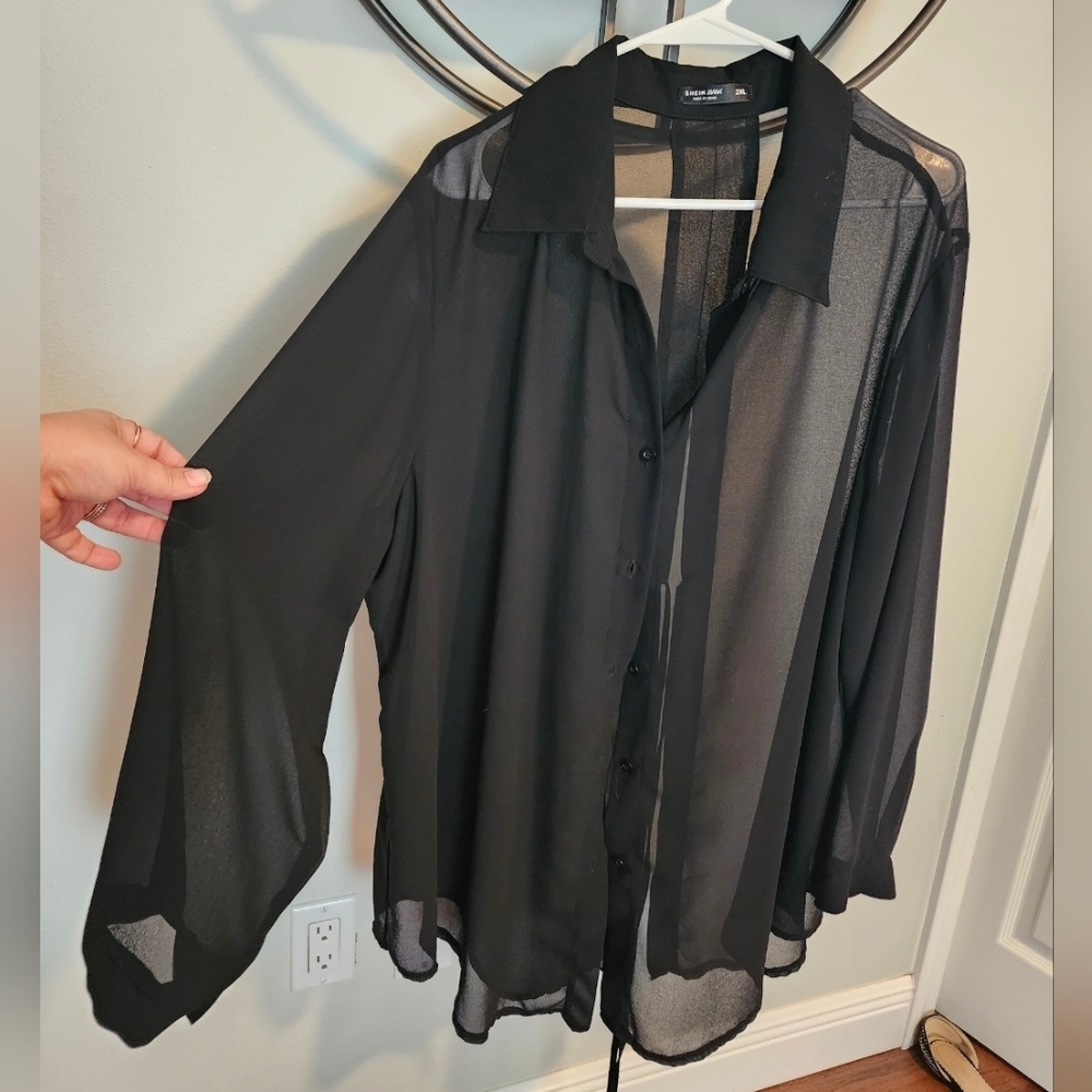 Women's Sheer Button Up, Open Back Blouse